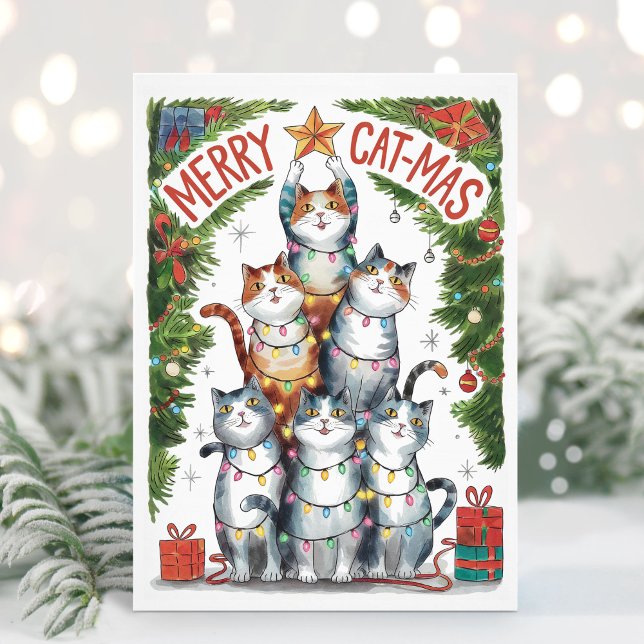 Carte de Noël à l'aquarelle Funny Merry Catmas (Funny Cats Christmas Card)