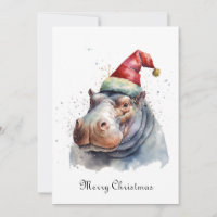 Carte de Noël à l'aquarelle Hippopotame Chapeau de