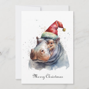 Carte de Noël à l'aquarelle Hippopotame Chapeau de