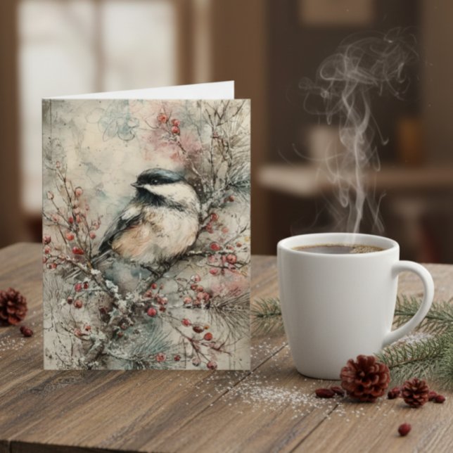 Carte de Noël à l'aquarelle Mésange de l'hiver – P (Créateur téléchargé)