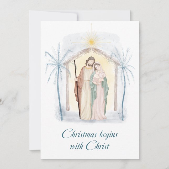 Carte de Noël à l'aquarelle Nativité Religieuse Fê (Devant)