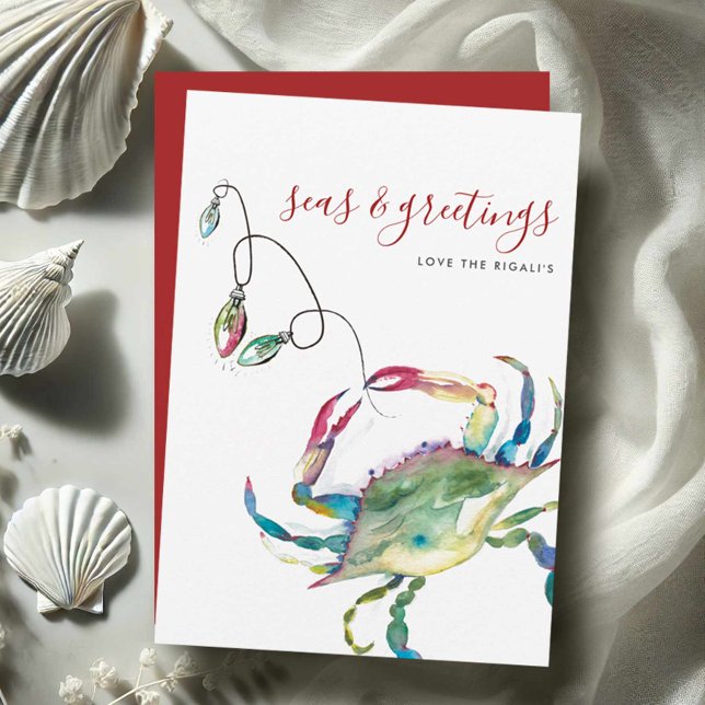 Carte de Noël à l'aquarelle représentant un crabe  (Beach holiday cards watercolor blue crab art by Victoria Grigaliunas Do Tell A Belle)