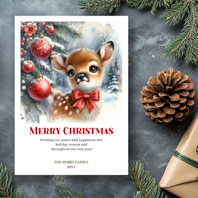 Carte de Noël à l'aquarelle Scène élégante de bébé (Elegant Baby Deer Christmas Scene Watercolor Greeting Card

)