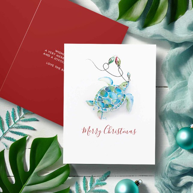 Carte de Noël à l'aquarelle Tortue de mer sur la p (Beach Christmas cards watercolor sea turtle and holiday lights art by Victoria Grigaliunas. )