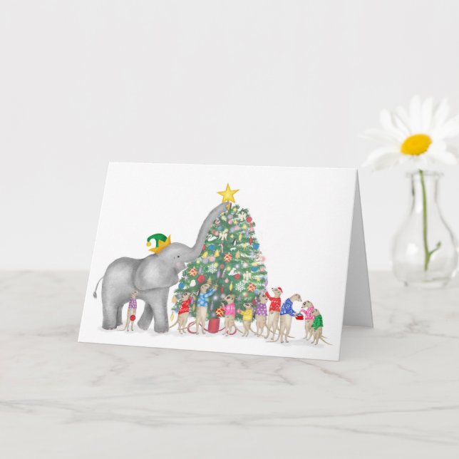 Carte de Noël à l'éléphant mignon et aux suricates (Petite plante)