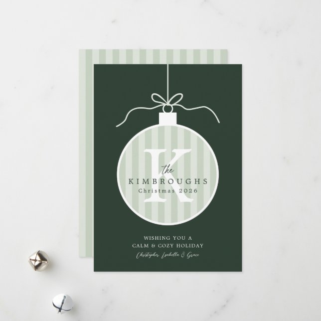Carte de Noël à monogramme rayé personnalisé (Devant/Arrière en situation)