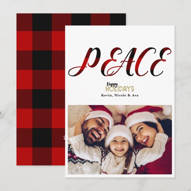 Carte de Noël à motif écossais rouge PEACE pour ph (Devant / Derrière)