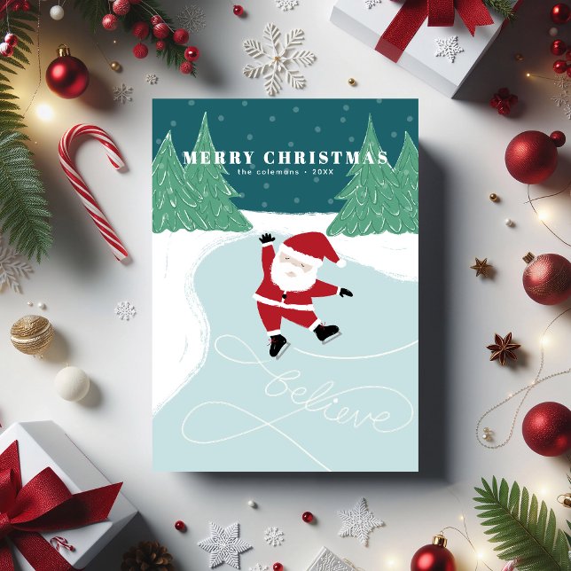 Carte de Noël à patins à glace du Père Noël - Non  (Flat Christmas card with Santa ice-skating on a lake. Illustrated by Clearlytangled Studio.)