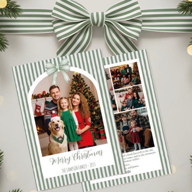 Carte de Noël à photo arquée avec rayures vertes e (Créateur téléchargé)
