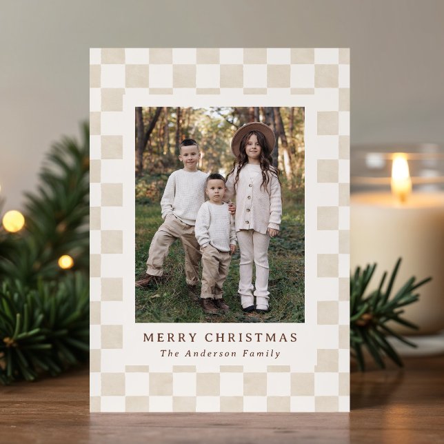 Carte de Noël à photo en gingham à la gouache (Créateur téléchargé)