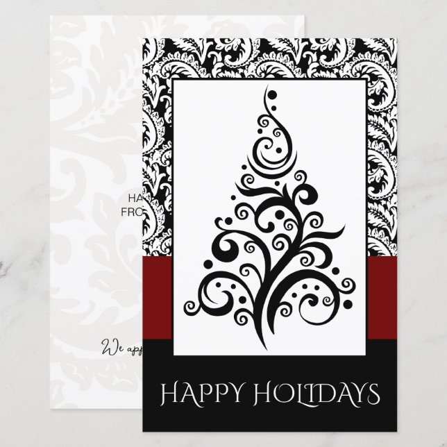 Carte de Noël à thème arbre de Noël damassé noir p (Devant / Derrière)