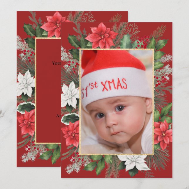 Carte de Noël à thème floral rouge avec photo (Devant / Derrière)