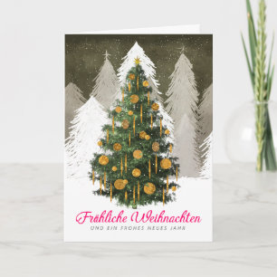 Carte de Noël allemande pliée avec arbre enneigé