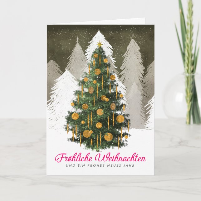 Carte de Noël allemande pliée avec arbre enneigé (Devant)
