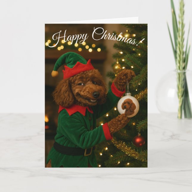 Carte de Noël amusante avec un elfe caniche mignon (Devant)