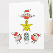 Carte de Noël amusante - Robins habillant xmas arb