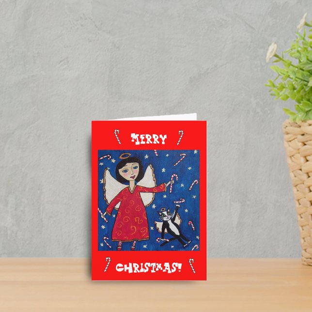 Carte de Noël Ange et Chat Bâton de Bonbon (Angel Red dress cat angel floating night sky with candy canes on red Merry Christmas greeting card.)