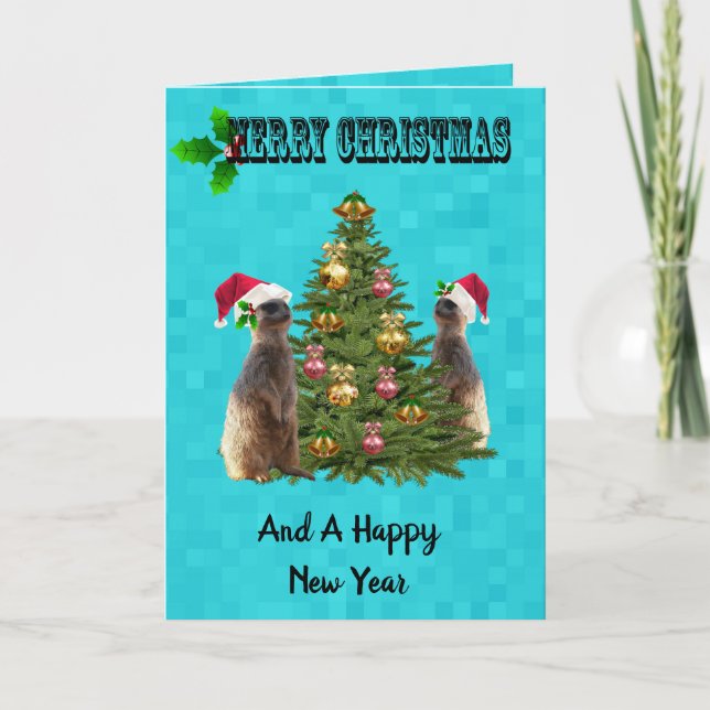 Carte de Noël Aqua Blue Meerkat Merry, (Devant)