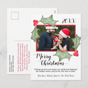 Carte de Noël aquarelle avec feuilles de houx et p