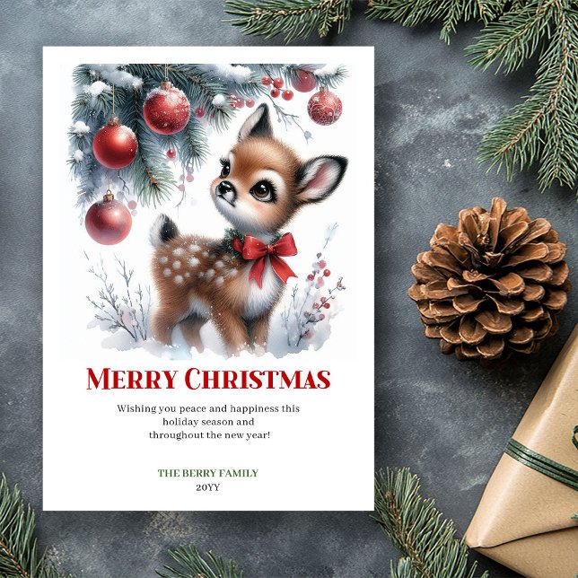 Carte de Noël aquarelle bébé cerf forêt enneigée é (Editable Baby Deer Snowy Forest Watercolor Christmas Card

)