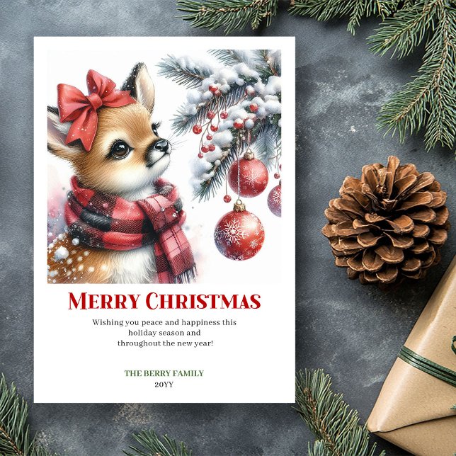 Carte de Noël aquarelle bébé cerf forêt enneigée é (Editable Baby Deer Snowy Forest Watercolor Christmas Card

)