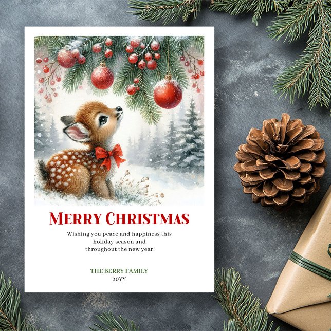 Carte de Noël aquarelle bébé faon forêt enneigée é (Editable Baby Fawn Snowy Forest Watercolor Christmas Card

)