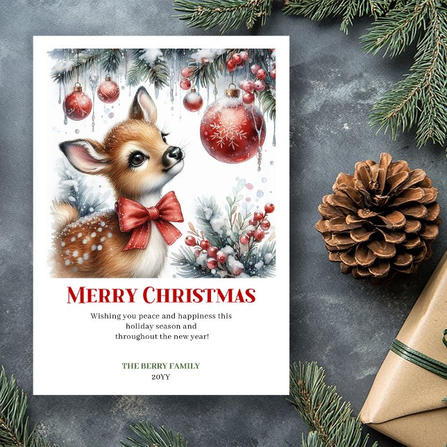 Carte de Noël aquarelle charmante avec bébé faon (Charming Baby Fawn Christmas Scene Watercolor Greeting Card

)