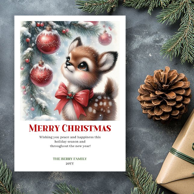Carte de Noël aquarelle de faon de forêt enneigée  (Cozy Snowy Forest Fawn Watercolor Xmas Card Xmas Card E)