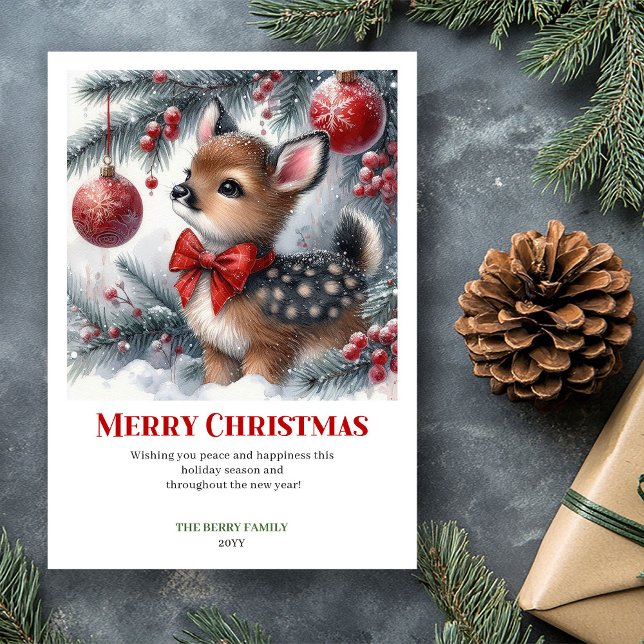 Carte de Noël aquarelle de faon de forêt enneigée  (Calm Snowy Forest Fawn Watercolor Christmas Card Christ)