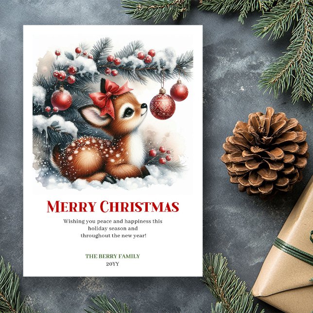 Carte de Noël aquarelle de forêt enneigée lumineus (Bright Snowy Forest Fawn Watercolor Christmas Card)