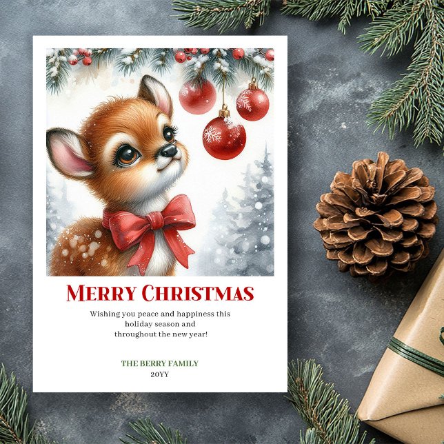 Carte de Noël aquarelle fantaisiste bébé faon forê (Whimsical Baby Fawn Snowy Forest Watercolor Christmas Card

)