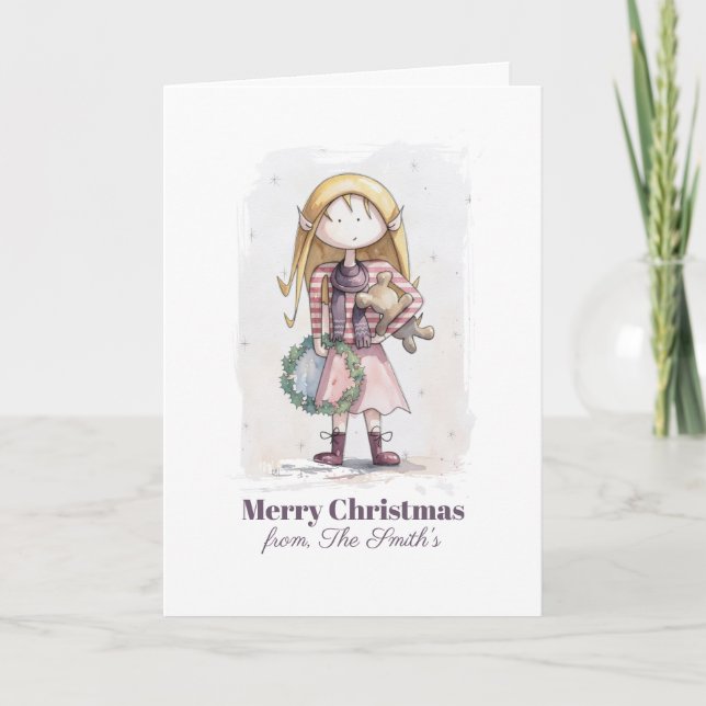 Carte de Noël aquarelle fantaisiste représentant u (Devant)