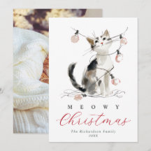 Carte de Noël aquarelle Meowy Christmas avec photo