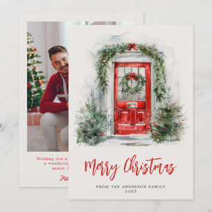 Carte de Noël aquarelle porte rouge famille