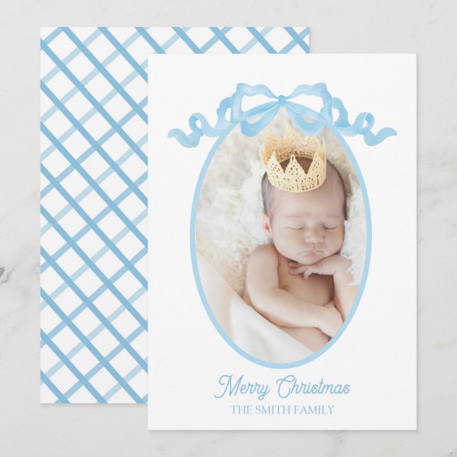 Carte de Noël aquarelle ruban bleu pour bébé garço (Devant / Derrière)