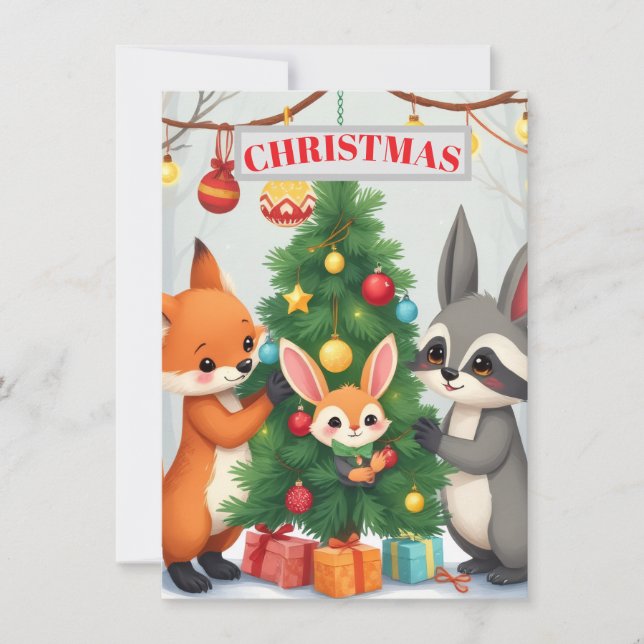 Carte de Noël Arbre Animaux de la Forêt Mignons (Devant)