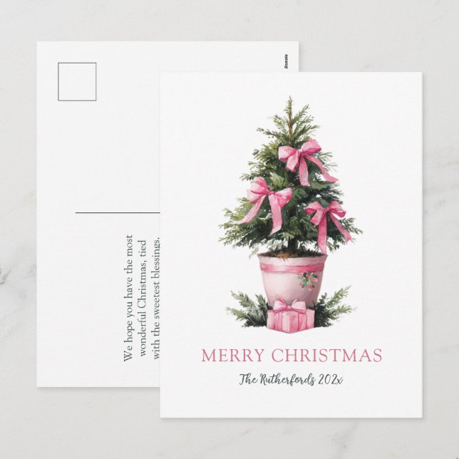 Carte de Noël Arbre aux Rubans Roses (Devant / Derrière)