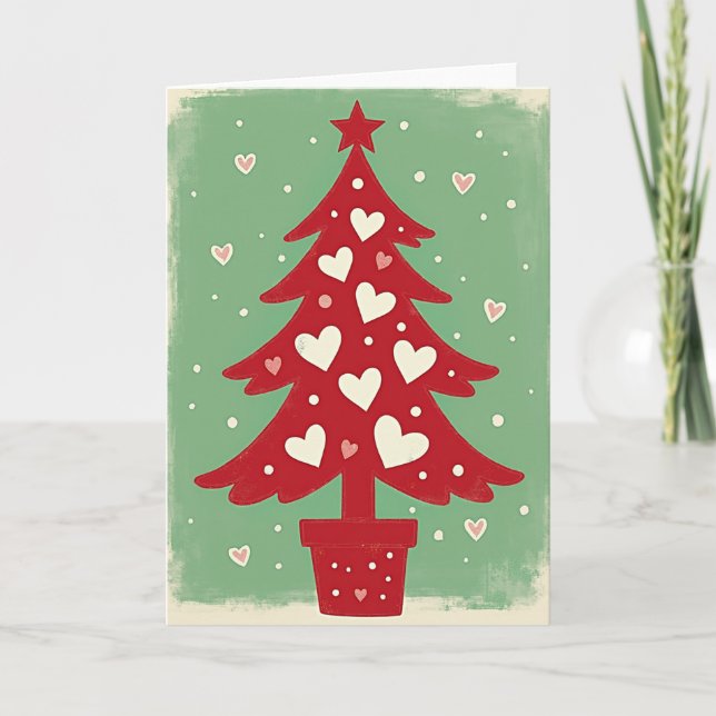 Carte de Noël Arbre de Noël Rouge Cœurs Blancs (Devant)