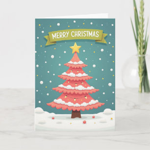 Carte de Noël Arbre enneigé rose