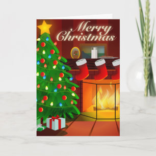 Carte de Noël Arbre et Cheminée