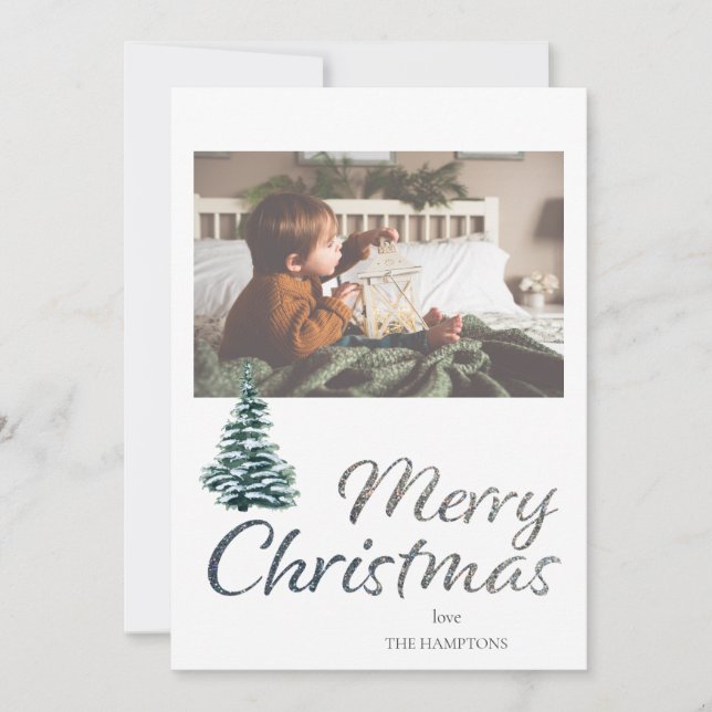 Carte de Noël Arbre Joyeux & Paillettes Argentées (Devant)