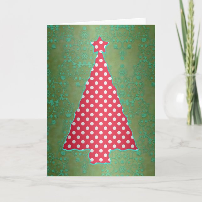 Carte de Noël arbre rouge et vert à pois (Devant)