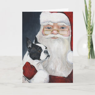 Carte de Noël Art "Boston Terrier Tells Père Noël"