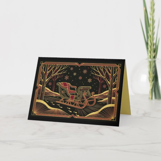 Carte de Noël Art Déco traîneau d'hiver (Devant)