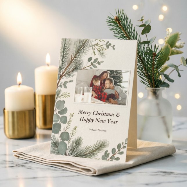 Carte de Noël artisanale avec des botaniques hiver (Artisan Winter Botanical Christmas Photo Card)