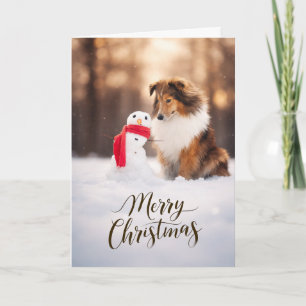 Carte de Noël au bonhomme de neige avec un Shetlan