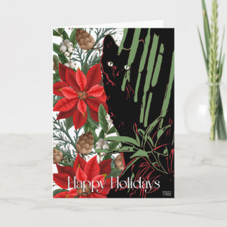 Carte de Noël au chat noir et au poinsettia