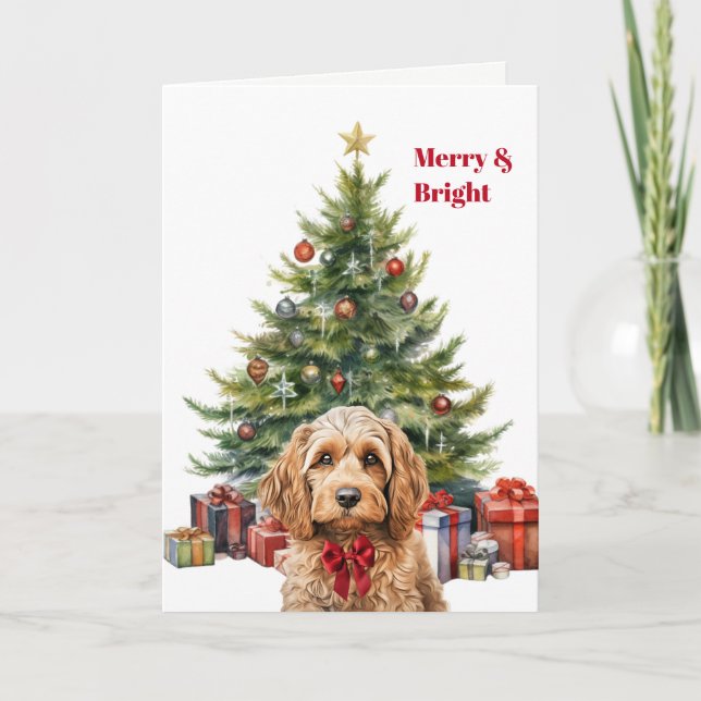 Carte de Noël au Chien Cockapoo avec Ruban Rouge (Devant)
