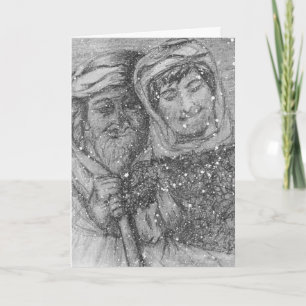 Carte de Noël au fusain représentant des bergers
