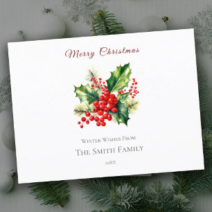 Carte de Noël au houx aquarelle rouge et vert